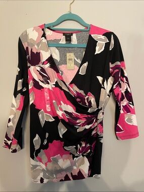 Ann Taylor Black Floral Wrap Top with Pink Accents